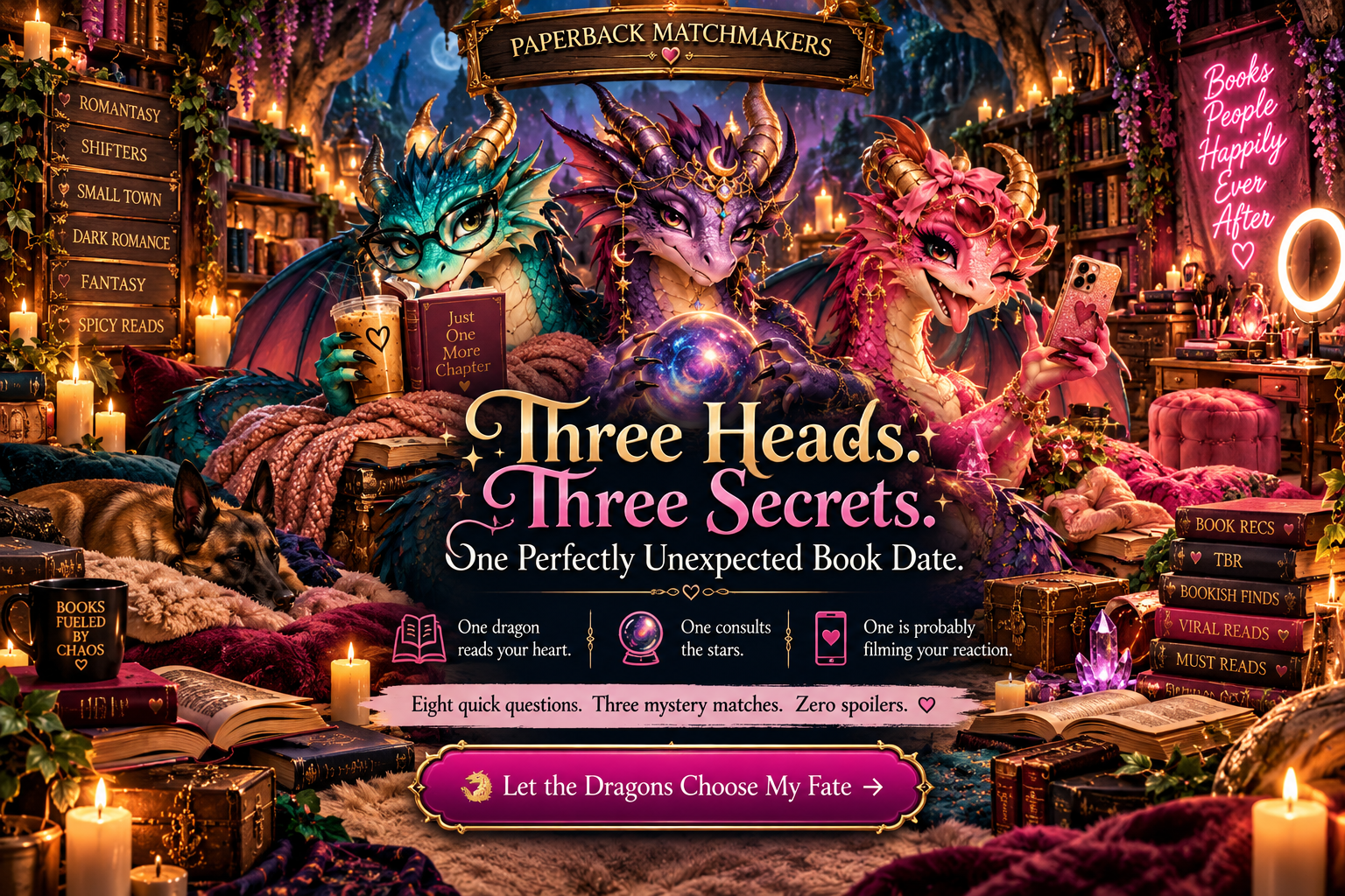 A candlelit magical dragon cave, full of books, crystals, a crystal ball and a diva dragon vanity. Three heads, three secrets, one perfectly unexpected book date.